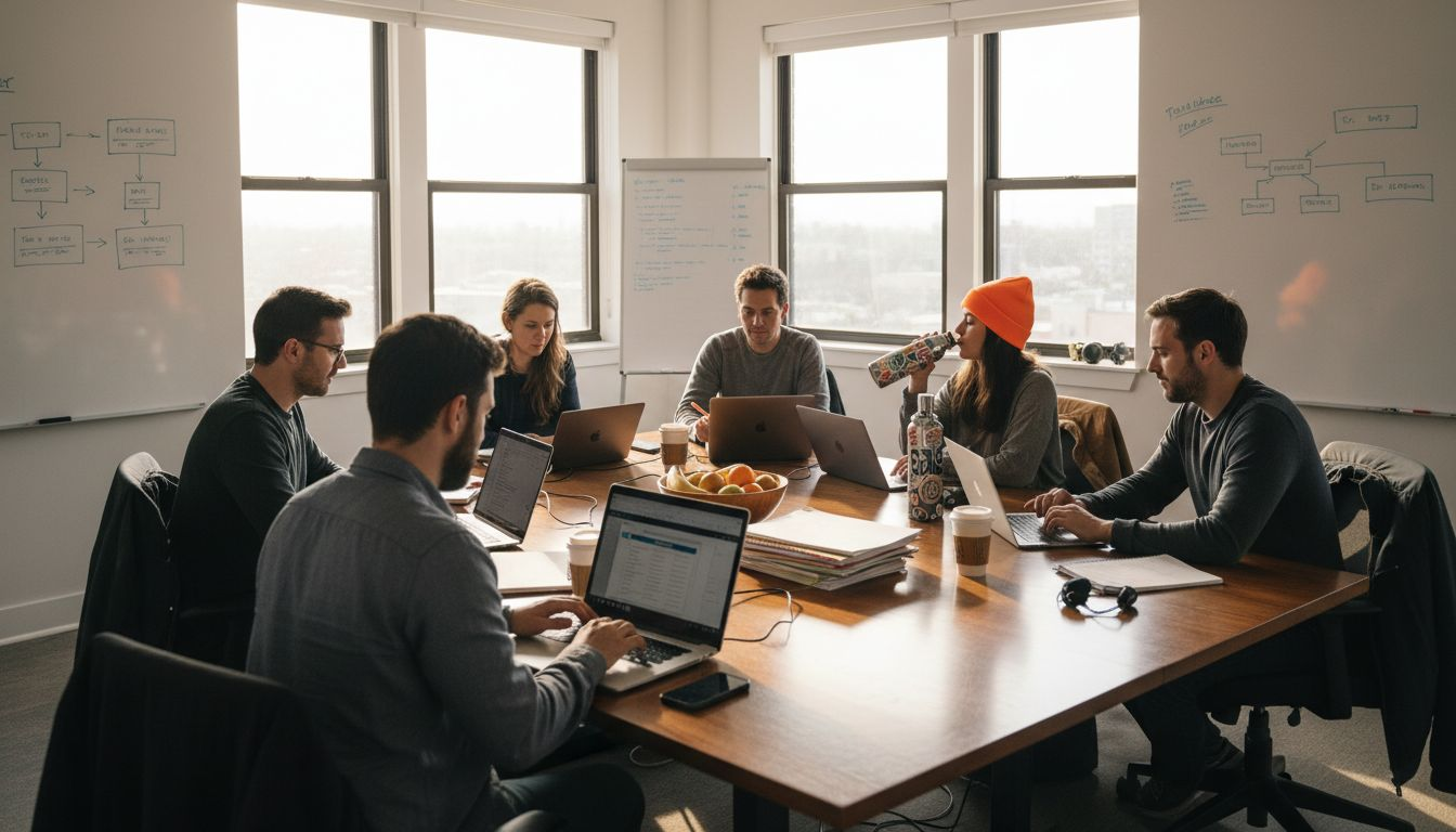 Software team collaborating in bright corner office