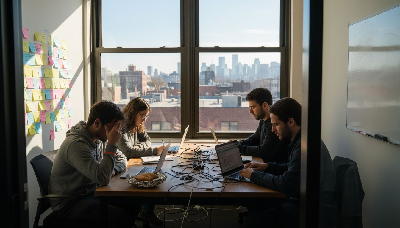 Tech startup founders meeting in cluttered city office