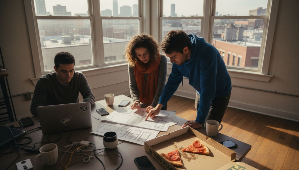 Startup team developing mobile app at cluttered office table