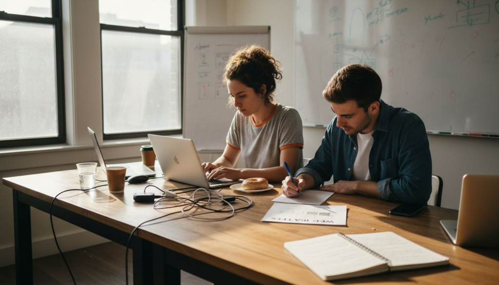 Startup founders planning web applications at cluttered office table