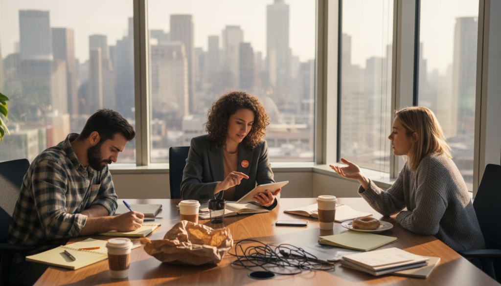 Team discussing app design around table