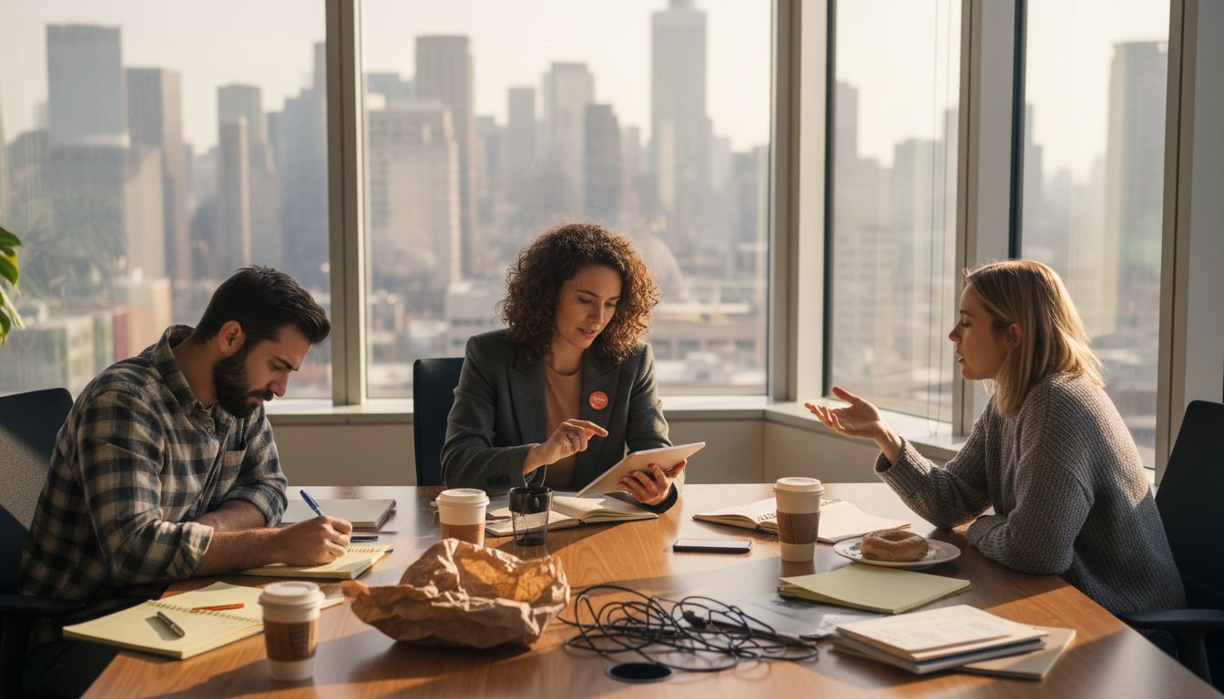 Team discussing app design around table