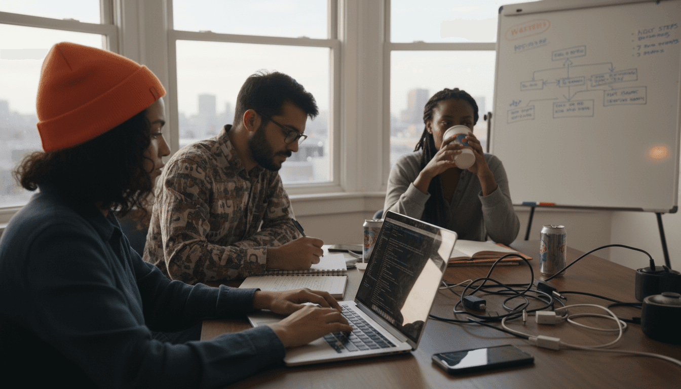 Startup founders working at cluttered office table