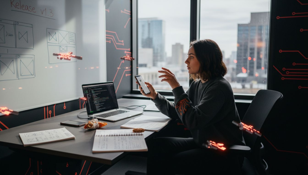 Startup founder working on web app in office