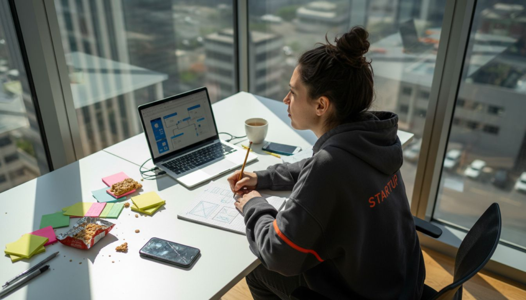 Startup founder sketching app wireframes at desk