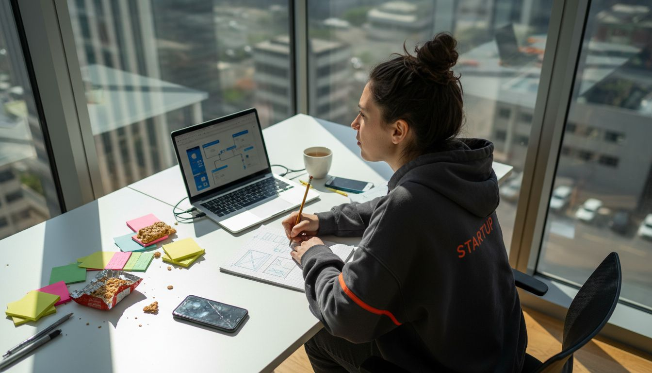 Startup founder sketching app wireframes at desk