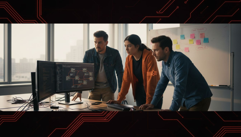 Startup team collaborating in bright office