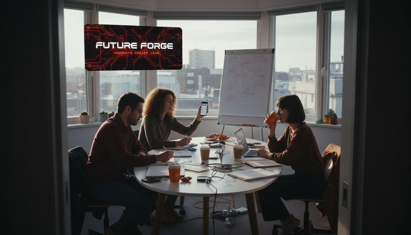 Startup team discussing mobile app around cluttered table