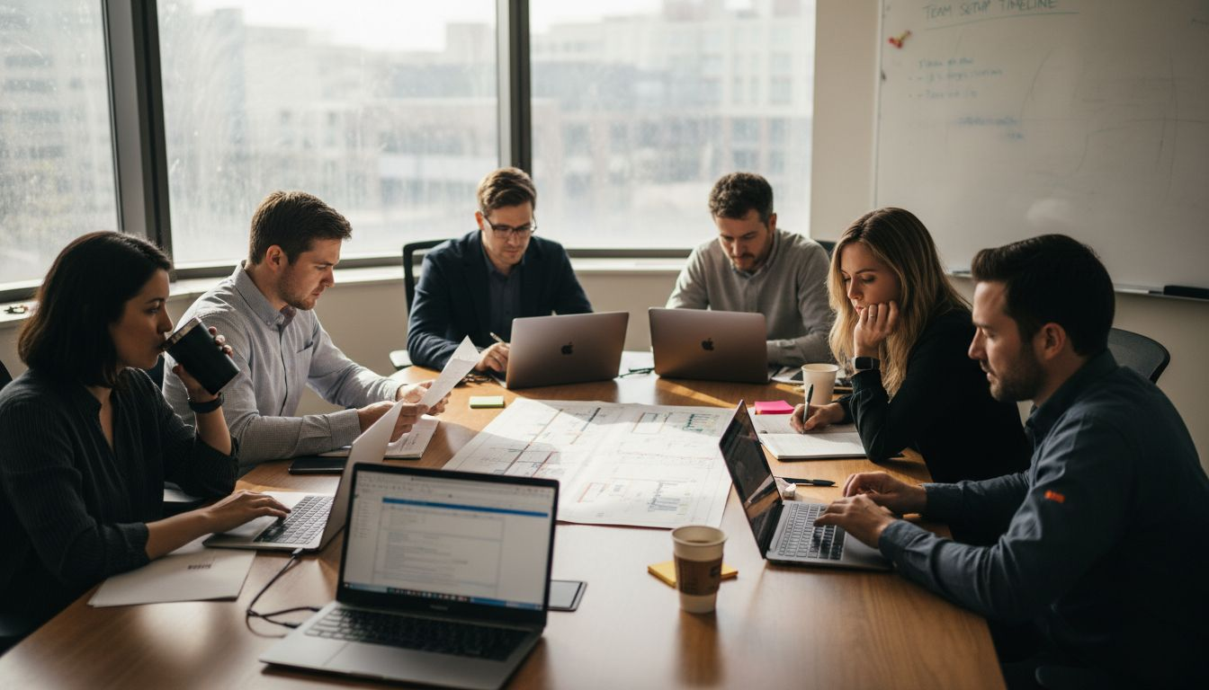 Diverse offshore team collaborating in conference room