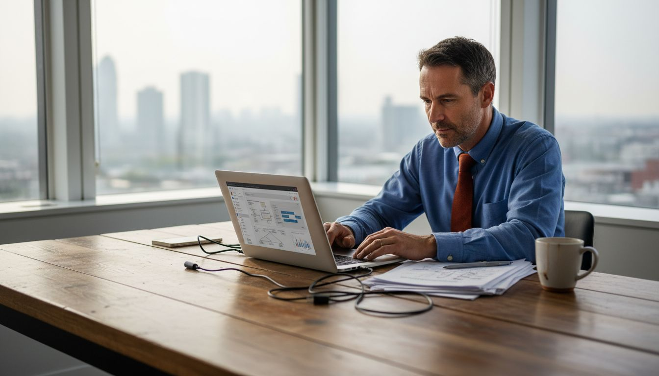 Business owner reviews custom app at desk