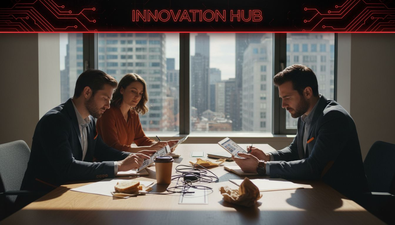 Business team planning mobile app around table