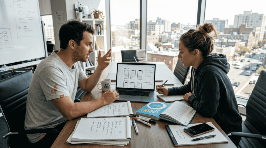 Startup founders planning web architecture together