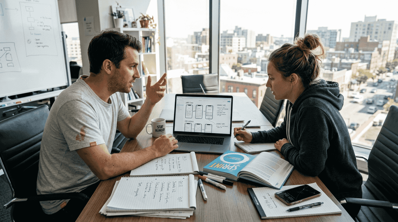 Startup founders planning web architecture together