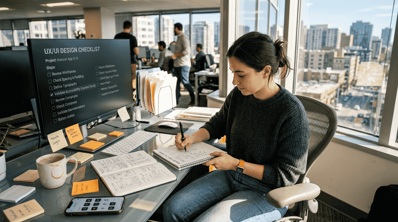 UX designer at corner office desk sketching