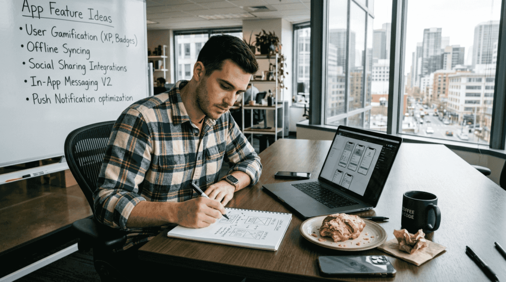 Founder sketching app wireframes at workspace