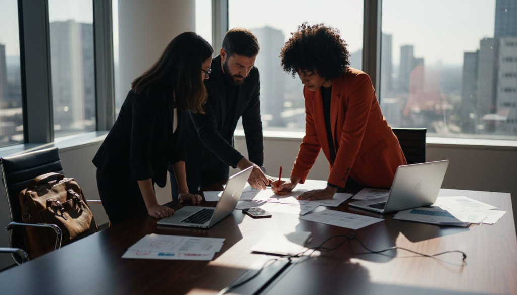 Team reviewing app wireframes in corner office