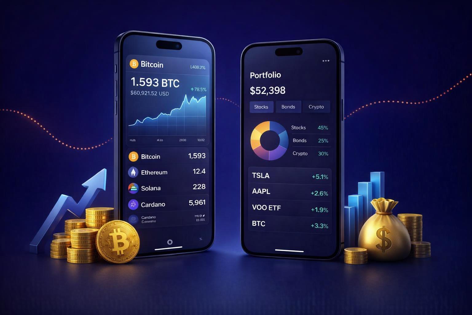 Illustration of a finance app dashboard with secure payment screens and analytics panels