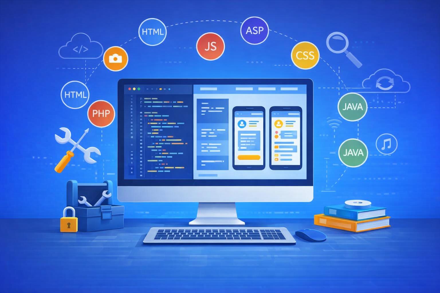 Illustration of web and mobile app interfaces shown beside code panels and product planning boards