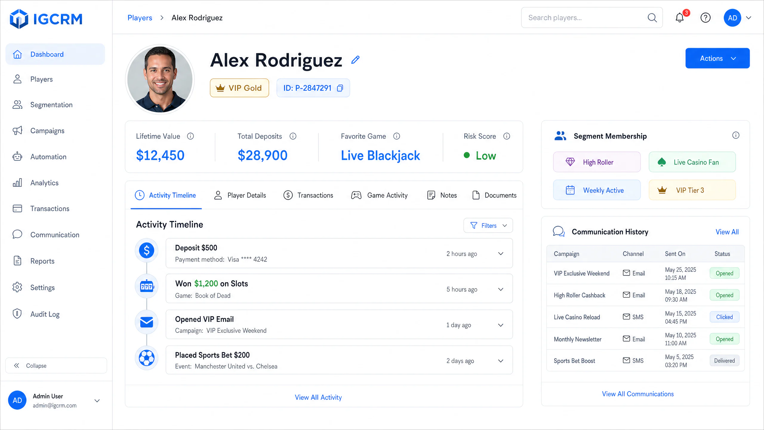 IGCRM Unified Player Profile View