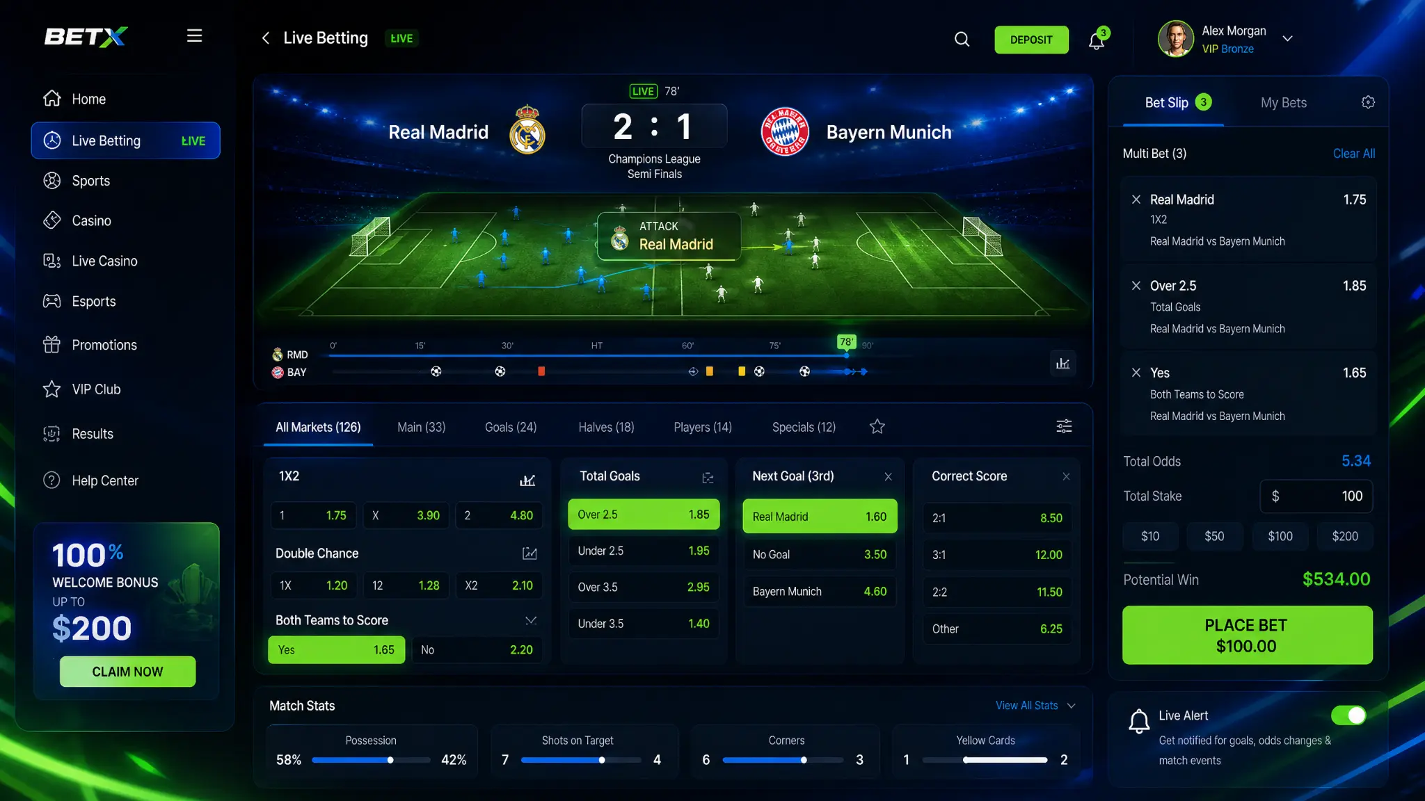 BetX Live Betting Desktop Interface